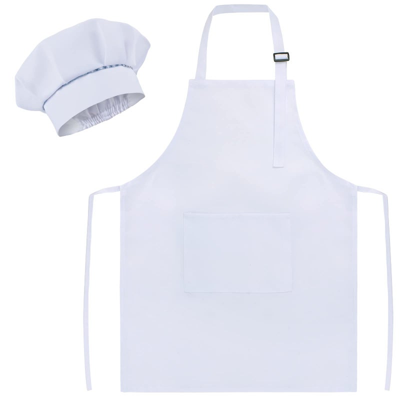SUNLAND Kids Apron And Hat Set Children Chef Apron For Cooking Baking Painting White(S:3-6 Years)Â¡Â­ - Image 1